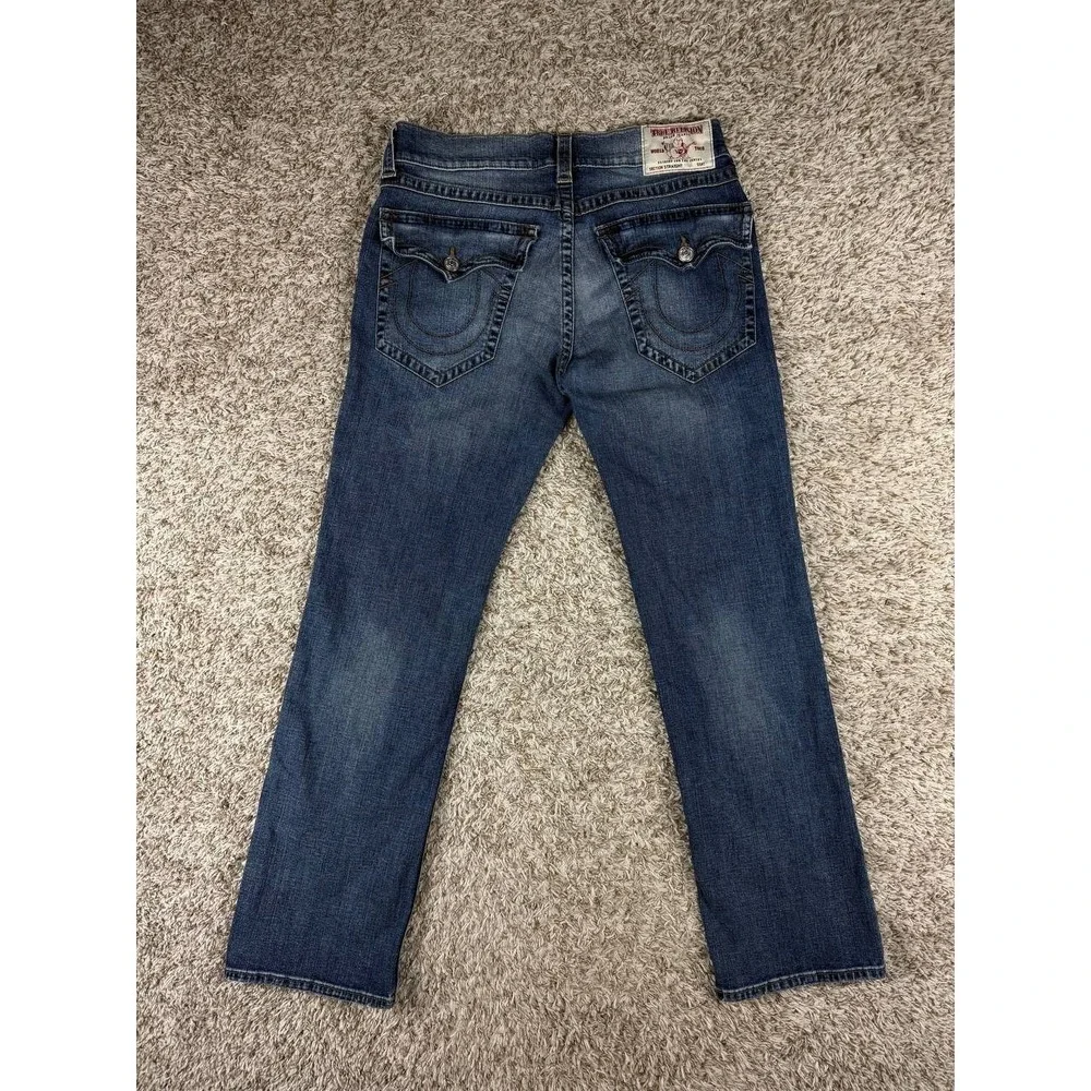 True Religion Jeans Men's 34 Straight Flap Brown Gold Stitching Blue Denim